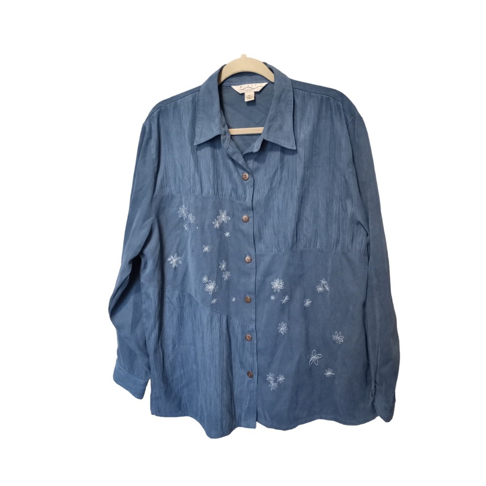 Blue Women's Button Down Stitched Flowers Soft Polyester Long Sleeve Shirt Sz XL